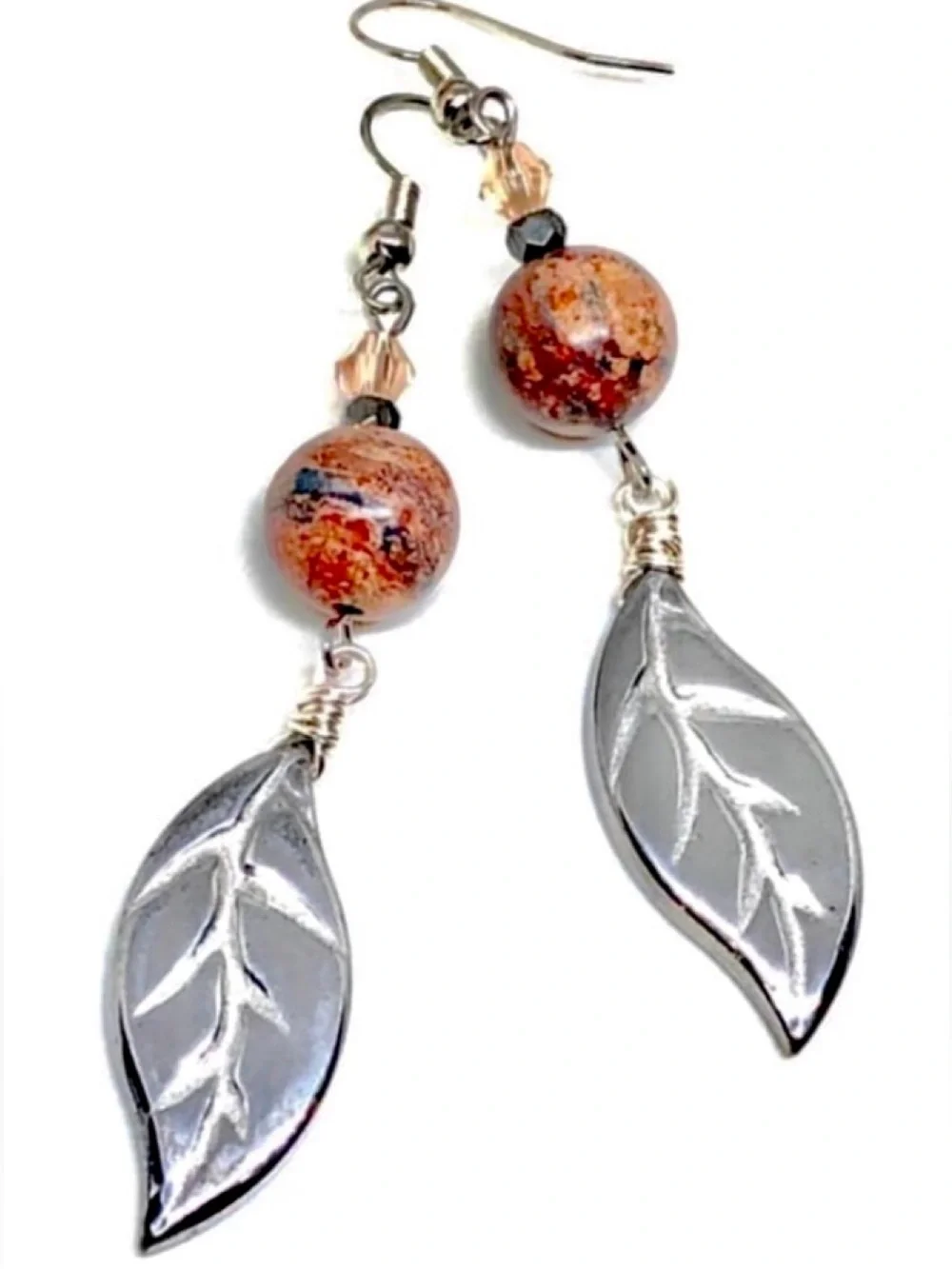 Silver Plated Glass Leaves Red Gray Leopard Stone Crystal Fall Leaf Earrings NWT